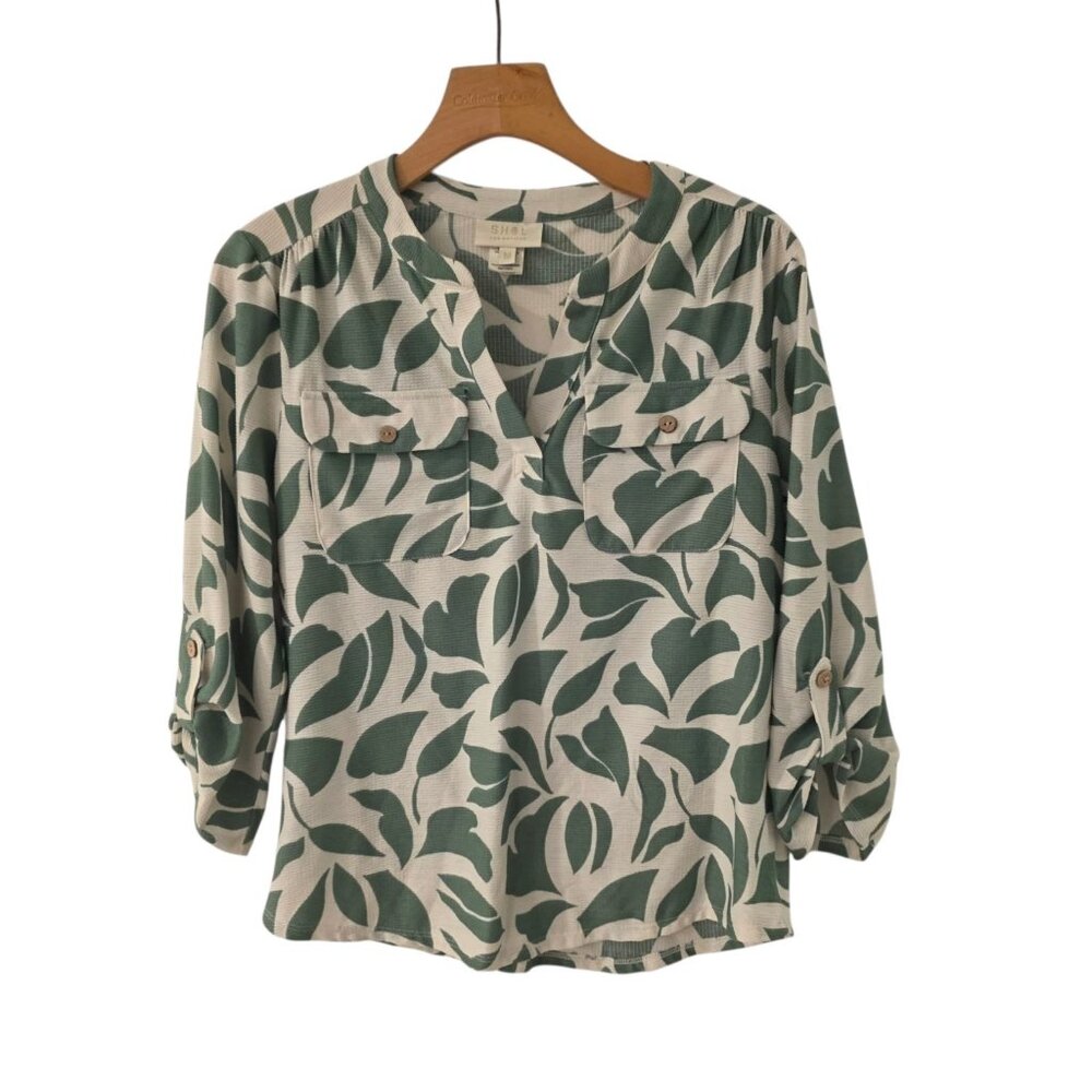 Shol Los Angeles Floral Blouse Open V-Neck‎ Green & White Roll Tab Womens Medium